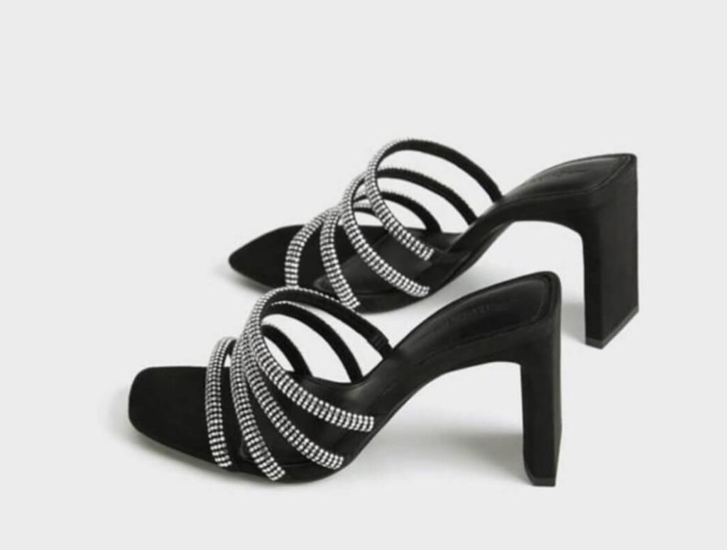Heeled Sandals With Rhinestones Straps Square Peep Toe Black - TRITY