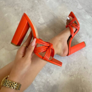 heaton orange knot strap block heels